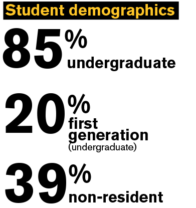 Student demographics: 85% undergraduate, 20% first generation (undergraduate), 39% non-resident