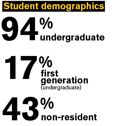 Text: Demographics 94% undergraduate 17% first generation (undergraduate) 43% non-resident