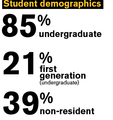 Student Demographics 85% Undergraduate, 21% First Generation Under grad, 39% non-resident